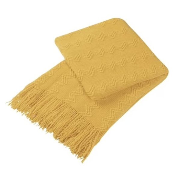 Wavy Pattern Decorative Knit Throw Blanket with Tassels, 50" x 60", Old Gold. - Picture 1 of 3